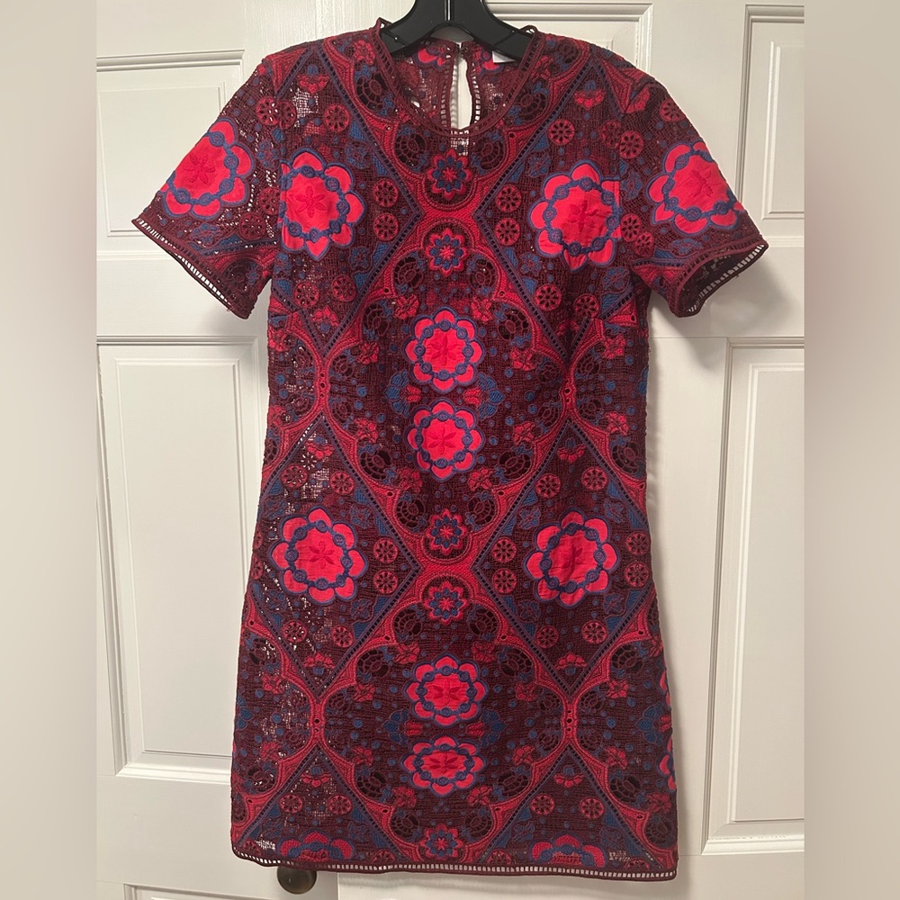 Sandro Red and Blue Floral Lace Mini Dress With Fine Detailing French 2= USA M